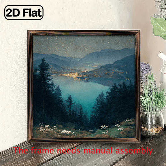 2D Flat, 1pc 8x8 Inch Rustic Framed Wall Art - Hand-Painted-Style Pastoral Landscape Mural with Pine Trees, Lake Mountains, Frame, Farmhouse Country Painting for Bedroom, Cabin