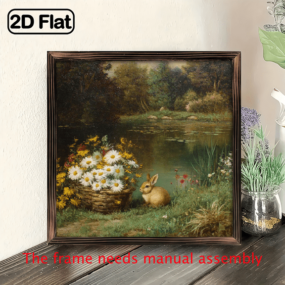 2D Flat, 1pc 8x8 Inch Rustic Wooden Framed Wall Art Country Floral Rabbit Wildflowers Painting, Handcrafted Recycled Wood Frame with Hooks, Reusable for Bathroom Home Decor, Easy Hanging, Home Decor.