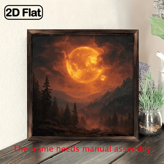 2D Flat, 1pc 8x8 Inch Square Retro Woodblock Print Wall Art - Dramatic Mountain Moon Blood Red Sky Scene - Wood Modern Home Decor with Pine Trees Fiery Sky - Wall-Mounted for Father's Day