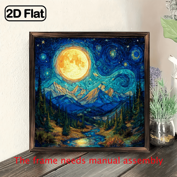 2D Flat, 1pc 8x8 Inch Van Gogh-Inspired Starry Night Framed Wood Painting - Night Sky Landscape Art with Swirling Yellow Hues, Hand-Painted Look Home Decor.