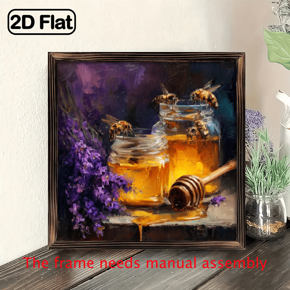 2D Flat, 1pc 8x8 Inch Vintage Wooden Framed Honey Jars Bees Oil ...