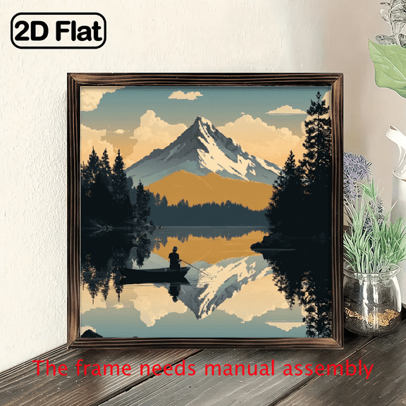 2D Flat, 1pc 8x8 Inch Wood Framed Mountain Lake Scene Wall Art - 2D Flat Nature Landscape Print with Snow-Capped Mountains, Pine Trees Lake Reflections in, Green, Orange - Horizontal Wall Decor