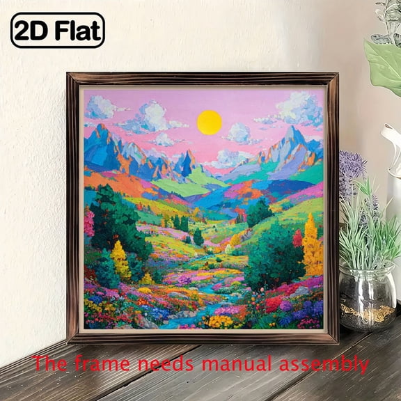 2D Flat, 1pc 8x8 Inch Wood Framed Wall Art, Vibrant Mountain Flower Landscape with Pink Blue Yellow Green Purple Orange Flowers, Birthday.