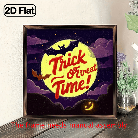 2D Flat - 1pc 8x8 Inch Wooden Halloween Sign - Trick or Treat Time! Bat Moon Night Scene Wall Art, Framed Wood Print Decor for Kitchen, Bathroom, Living Room - Perfect Gift for Holidays Home Decorat