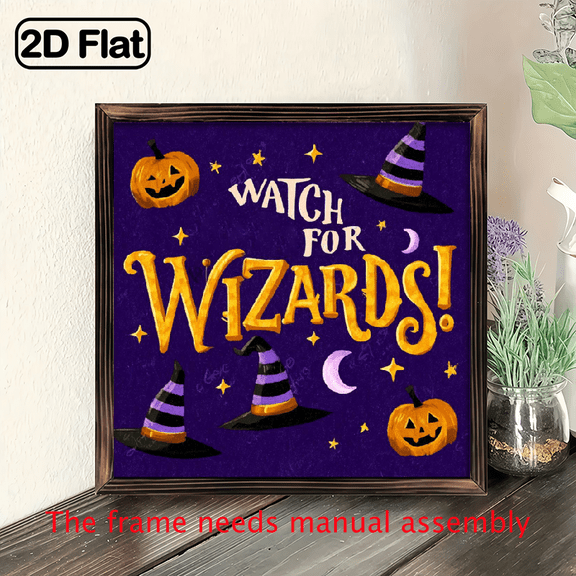 2D Flat, 1pc 8x8 Inch Wooden Halloween Sign - Watch for Wizards! Purple Art Print with Pumpkins Witch Hats, Framed Wall Decor for Kitchen, Bathroom, Living Room - Perfect Gift for Halloween, Christm