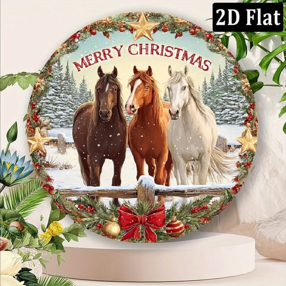 2D Flat 1pc 8x8 inch Christmas Horse Yard Theme Round Sign, Perfect for Indoor Outdoor Decor, Wreath Accents, and Farmhouse Style Wall Art in Homes, Bars, Garages, Cafes Gardens - Durable Holiday Gif