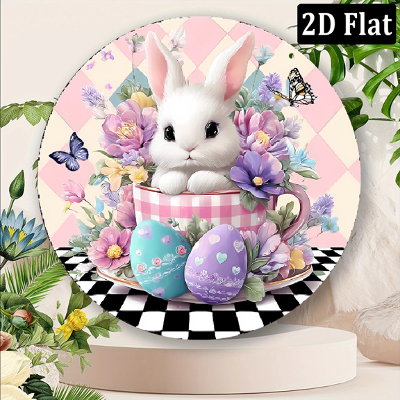 2D Flat 1pc 8x8 inch Metal Sign Round Sign Image Door Hanger Sign Wall Sign Wreath Sign Decor Sign Round Easter Themed Sticker With Pink Gingham Background.