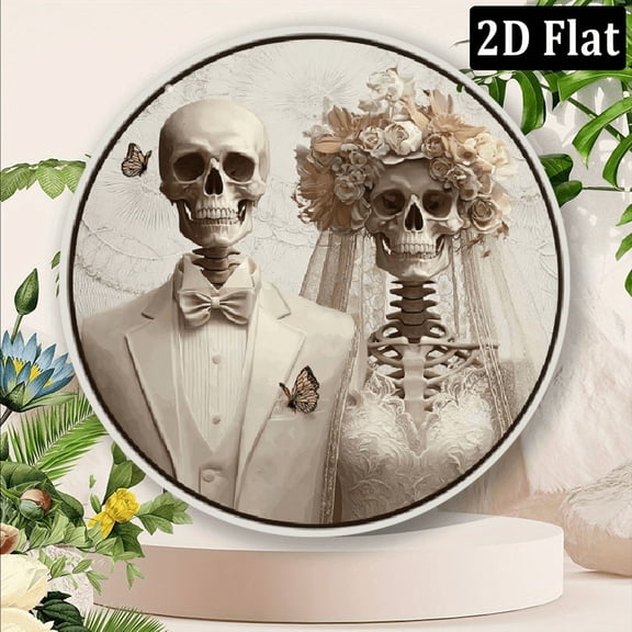 2D Flat, 1pc 8x8 inch Metal Skeleton Couple Laughing in Ivory Frame Wreath Sign - Halloween Decor, Ideal for Home, Cafe, Restaurant, Bar, Porch, Perfect Gift for Friends, Family, Girlfriends