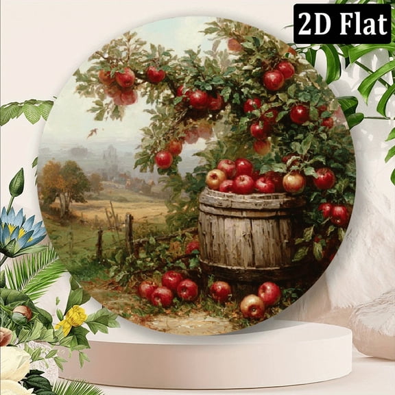2D Flat 1pc 8x8 inch Vintage Apple Orchard Barrel Wall Cut-Out - Rustic Round Metal Sign for Wedding, Bridal Shower, Birthday, Bachelor Party, Anniversary Decor - Artisanal Country Theme Indoor