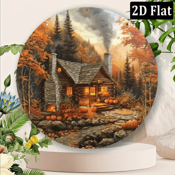 2D Flat, 1pc 8x8Inch Aluminum Round Metal Sign - Autumn Cabin Art Wall Decor with Rustic Log Cabin, Fall Foliage Pumpkins - Weather-Resistant Country Wall Art for Man Cave, Shed, Office, Partie