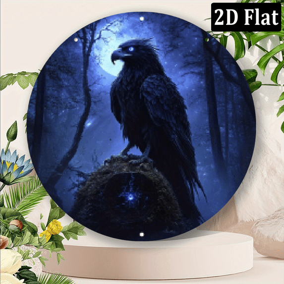 2D Flat, 1pc 8x8Inch Aluminum Round Metal Wall Decor - Mystical Crow Moon Art with Glowing Blue Eyes, Nighttime Forest Scene, American Gothic Style Glossy Finish, Frameless Seasonal Wall Sign
