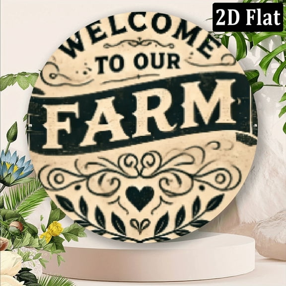 2D Flat, 1pc 8x8Inch Aluminum Welcome to Our Farm Wall Art - Rustic Metal Sign with Floral Swirls Heart Cutouts, Durable 2D Etched Design for Farmhouse, Bars, Cafes, Kitchens Holiday Decor