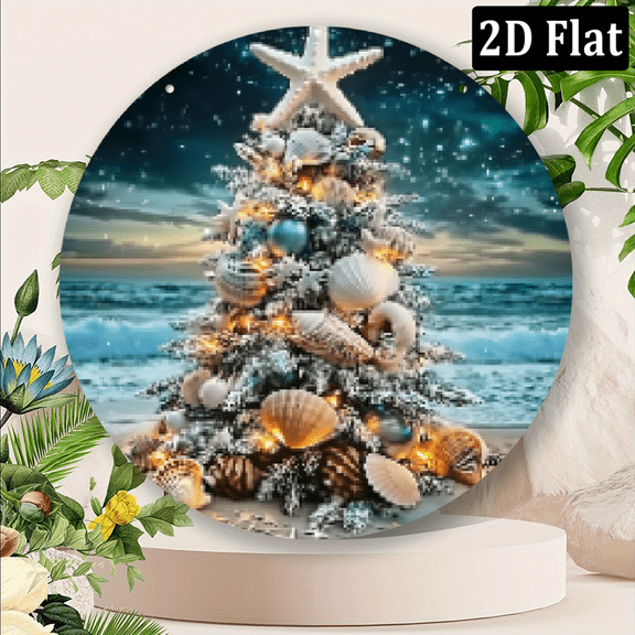 2D Flat, 1pc 8x8Inch Round Aluminum Metal Wall Art - Ocean Theme Christmas Tree Sign with Starfish, Shells Twinkling Lights, Durable IndoorOutdoor Holiday Decor for Living Room, Bedroom, Bar
