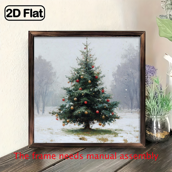 2D Flat, 1pc 8x8in Framed Christmas Wall Art - Rustic Wooden Frame, Snowy Winter Scene with Pine Tree Red Berries, Contemporary Style, Indoor