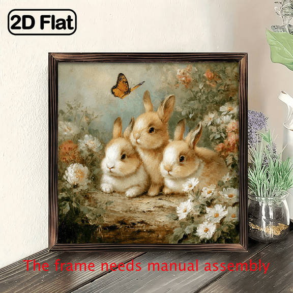 2D Flat, 1pc 8x8inch Acrylic Decorative Tag, Heart Shaped Wooden Plaque Art Decor with Cute Baby Bunnies & Butterfly Floral Painting for Bedroom Nursery Living Room Wall Decor Perfect Gift for F