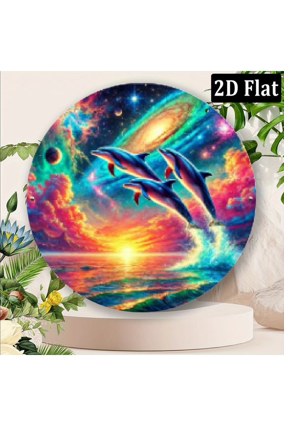 2D Flat, 1pc 8x8inch Aluminum 2D Dolphin Ocean Sunset Scene Metal Sign - 1pc Round Iron Wall Art with High-Definition Print - Waterproof, Rustproof, Creative Gift, Modern Simplicity