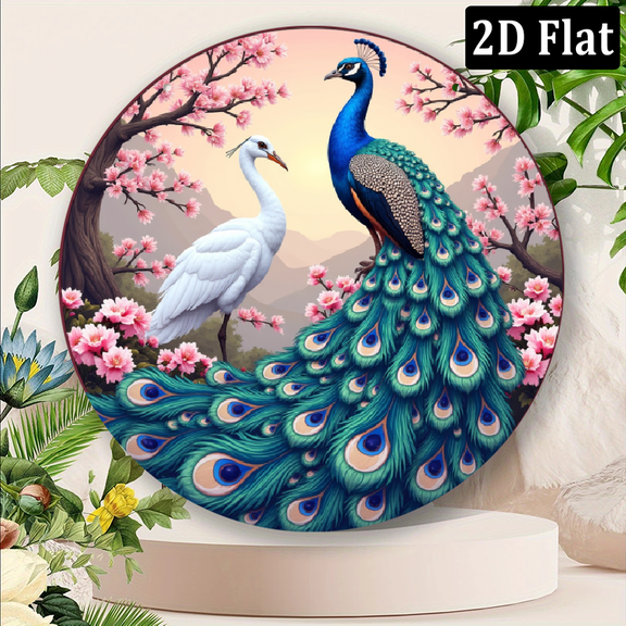 2D Flat, 1pc 8x8inch Aluminum 2D Stunning White Peacock Art Decor - 8 Round Window Hanger, Perfect for Home Patio, Ideal Winter Welcome Gift, Wall Decoration