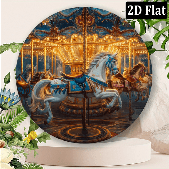2D Flat, 1pc 8x8inch Aluminum 2D flat Enchanted Carousel Wall Art - Elegant Round Metal Sign with Intricate Horse Design for Home Office Decor, Perfect for Birthdays, Weddings More