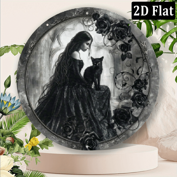 2D Flat - 1pc 8x8inch Aluminum 2D flat Mother'S and Father'S Day gifts homeseasonal decoration, Vintage Metal Wall Art Sign- Witch Black Cat Gothic Rose Wreath Design, Rustic Home Decor