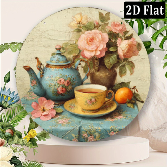 2D Flat, 1pc 8x8inch Aluminum 2D flat Single Pack Vintage Tea Time Sign, Romantic Tea Set Wall Art, Metal Decor, Inch, for Home, Restaurant, Cafe, Garage