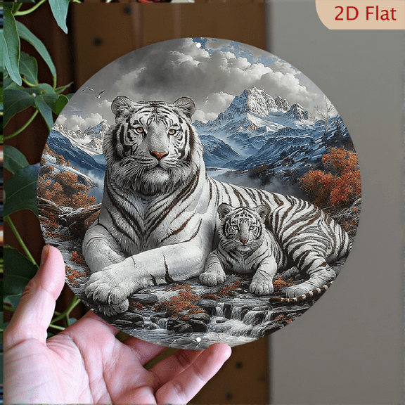 8x8inch Aluminum 2D flat White Tiger Wall Art Set, 1pc 8-Inch Round HD Print, Waterproof and Weather-Resistant Metal Decor with Pre-drilled Holes for Home, Living Room