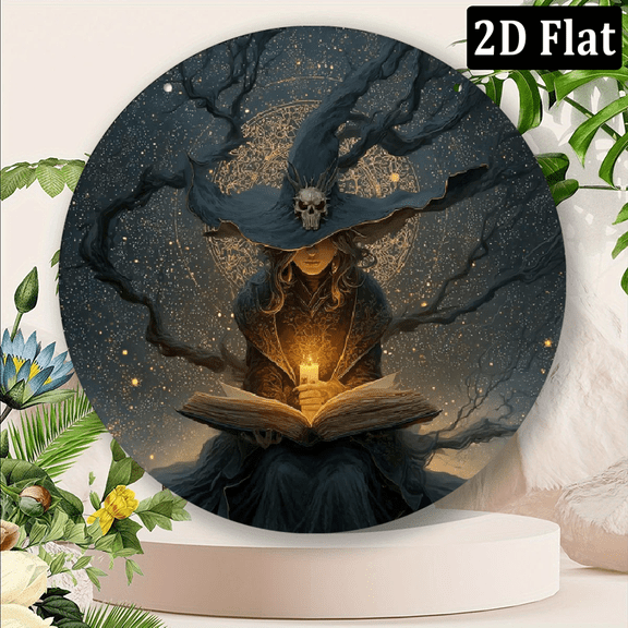 2D Flat, 1pc 8x8inch Aluminum 2D flat Witch and Magic Book Themed Round 2D Wall Pediment - 8_ Portrait Wall Hanging Decor for Living Room, Witchcraft-Inspired Indoor Metal Sign, Pre-Drilled, Wea