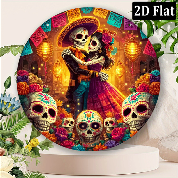 2D Flat, 1pc 8x8inch Aluminum 2D flat easter gifts 1pc inches Gothic Skeleton Couple Wreath Sign, Aluminum, Ivory Frame Design, Halloween Dia de los Muertos Decor, Perfect for Unique Wedding Fes