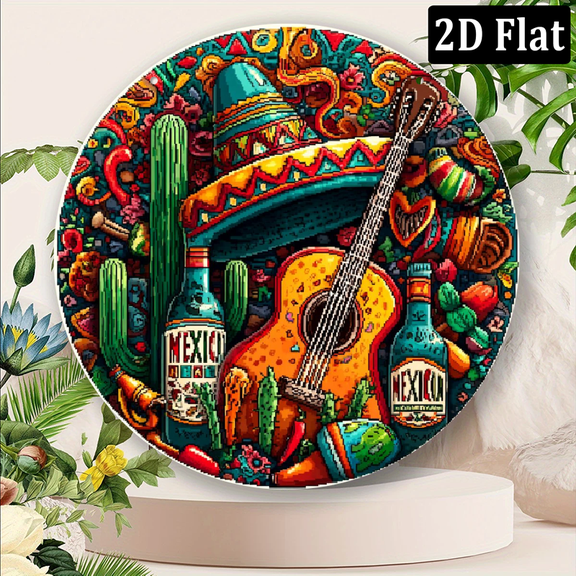 2D Flat, 1pc 8x8inch Aluminum 2D flat easter gifts Vibrant Wall Art featuring Day of the Dead-Inspired Skull, Guitar, and Mexican Elements - Durable, Easy to Hang Metal Decor for Living Room