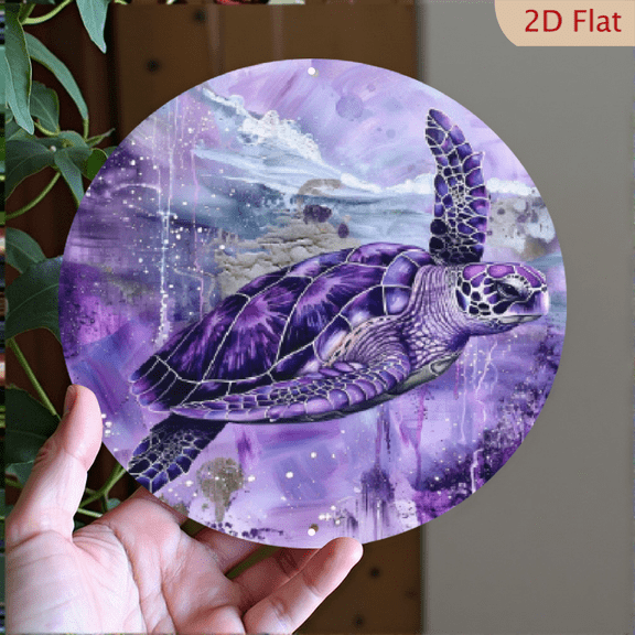 2D Flat, 1pc 8x8inch Aluminum Amethyst Sea Turtle Wall Art - Elegant Violet Shell Decor for Home Office, Perfect for Parties Gifts Turtle Decor, Perfect for Room Decor