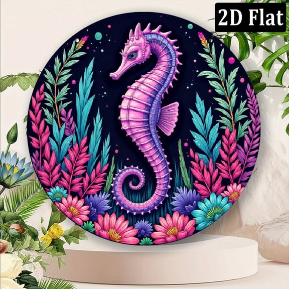 2D Flat, 1pc 8x8inch Aluminum Colorful Seahorse-Themed Round Sign, 8x8 - Perfect for Home, Bar, Garage Garden Decor Durable Indoor_ Outdoor Wall Art Ideal Holiday Gift