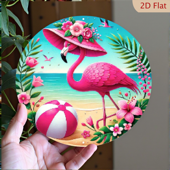 2D Flat, 1pc 8x8inch Aluminum Flamingo-Themed Round Sign, Pack of Tropical Beach Floral Wreath Design, Art for Indoor Outdoor Decor - Wall Door Hanging for Home, Bar, Garage, Cafe, Garden