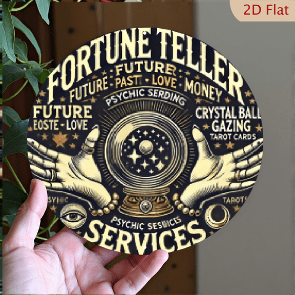 2D Flat, 1pc 8x8inch Aluminum Fortune Teller Services Sign - Vintage Round Wall Decor for Garage, Home, Cafe, Bar, Indoor Outdoor - Psychic Reading, Crystal Ball Gazing, Tarot Cards Theme