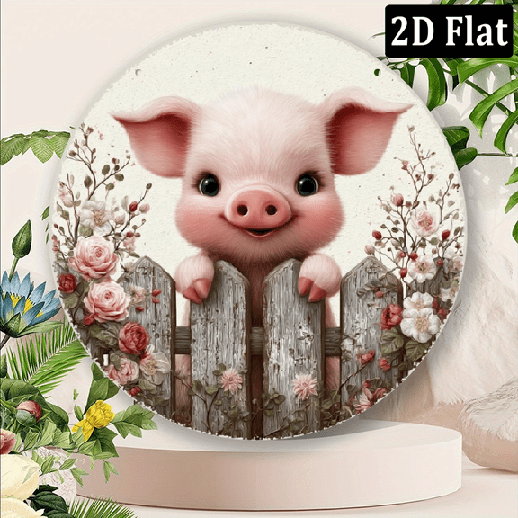 2D Flat, 1pc 8x8inch Aluminum Funny Pig Theme Round Sign, 8 Diameter, Indoor Use, Wreath Accent, Farmhouse Decor for Home, Bar, Garage, Cafe, Garden Gate, Wall Art, Holiday Gift, Dura