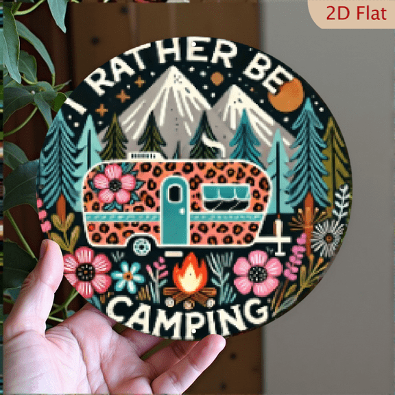 8x8inch Aluminum Happy Camper 2D Round Iron Sign - Rustic Vintage Wall Decor for Home, Cafe, Bar Perfect Gift for Women