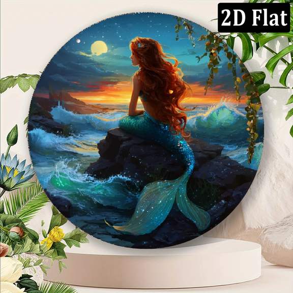 2D Flat, 1pc 8x8inch Aluminum Mermaid Wall Art - HD Printed, Frameless Fantasy Decor for Home, Bathroom, Bedroom, Office Barbershop, Vibrant Sunset Ocean Scene, Durable Elegant Design
