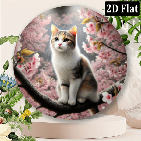 2D Flat, 1pc 8x8inch Aluminum Metal Sign 8 Inch Round with High-Definition 2D Print, Calico Cat Climbing Tree Design - Perfect for Home, Room, Caf, Restaurant, Garage, Porch, Patio