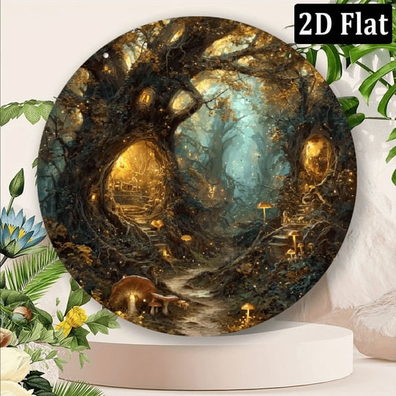 2D Flat, 1pc 8x8inch Aluminum Mystical Forest Creatures Enchanted Woodland Scene Round Sign - Weatherproof Metal Wall Art for Home, Bar, Wedding, Bridal Shower, Birthday, Bachelor Party