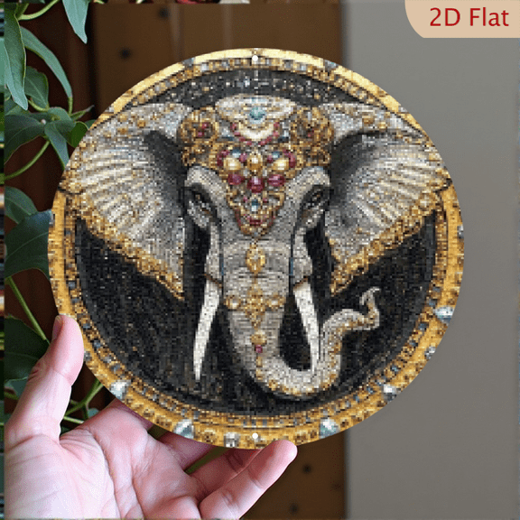 2D Flat, 1pc 8x8inch Aluminum Round Metal Elephant Mosaic Wall Art - Stained Glass, Mosaics, Home Decor, Living Room, Office, Coffee Shop, Wall Decoration Art