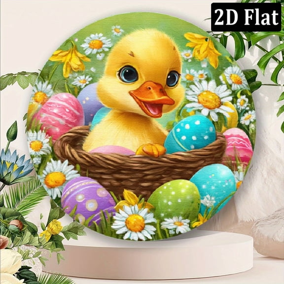 2D Flat, 1pc 8x8inch Aluminum Round Wall Art, Cute Duck with Easter Eggs Theme, Glossy Metal Print Decorative Sign for Living Room, Bedroom, Club - Charming Decor Gift, Ideal for Holiday