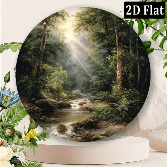 2D Flat, 1pc 8x8inch Aluminum Round Wall CutOut Art - Enchanted Forest Stream - Rustic Nature Scene Decor for Wedding, Bridal Shower, Anniversary Birthday - Weather Resistant Outd