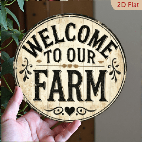 2D Flat, 1pc 8x8inch Aluminum Rustic 2D Sign Welcome to Our Farm - 8x8 Inch Round FoilCarved Wall Art, Home, Cafe, Apartment, Restaurant, Living Room Decor, Festive Gift