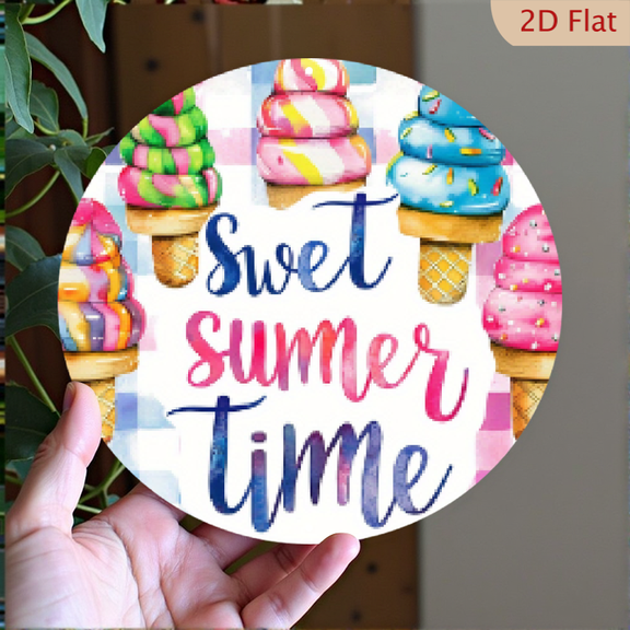 2D Flat, 1pc 8x8inch Aluminum Sweet Summer TimeRound Metal Sign - Waterproof Door Hanger Wall Decor with HD Printing - Pre-Drilled Quality
