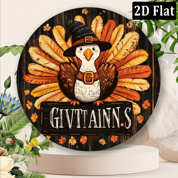 2D Flat, 1pc 8x8inch Aluminum Thanksgiving Wall Decor Featuring Turkey with a Top Hat, Maple Leaves and Give Thanks Slogan, Suitable for Indoor and Outdoor Holiday Decoration, Autumn Home Gard