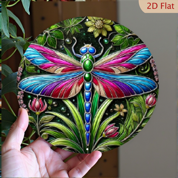 2D Flat, 1pc 8x8inch Aluminum Vibrant Dragonfly Wreath Metal Sign - Whimsical Stained Glass-Inspired Wall Art, Round Decor for Home, Cafe, Bedroom Living Room - Unique Aesthetic Accent