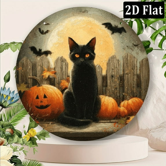 2D Flat, 1pc 8x8inch Aluminum Vintage Cat Pumpkin Halloween Wall Art - Round Metal Sign For Home, Bar, Office Decor - Perfect For Parties Gifts