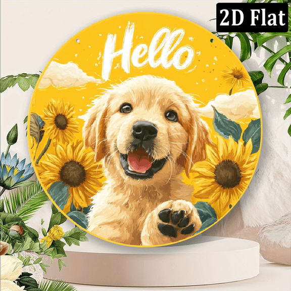 2D Flat, 1pc 8x8inch Aluminum Vintage-Style Sign - Multifunctional Colorful Hello Golden Retriever Sunflower Window Hanging, Garden Home Decor Wall Plaque, Ideal Housewarming Gift with Pre-dri