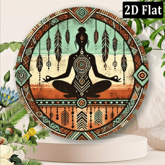 2D Flat, 1pc 8x8inch Aluminum Wall Art, Native-Inspired Tribal Meditation Design with Dreamcatchers and Feathers - Vintage Metal Decor for Home, Bar, Cafe, Garage - Ideal Gift for Friends and F