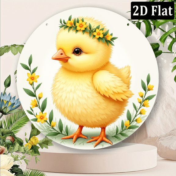 2D Flat, 1pc 8x8inch Aluminum Whimsical Easter Chick Metal Sign with Green Flowers - Vibrant Home Decor, Wall Accent, Metal Wreath Decoration, Door Hanger, Spring Seasonal Decoration, Indoor Outdoor