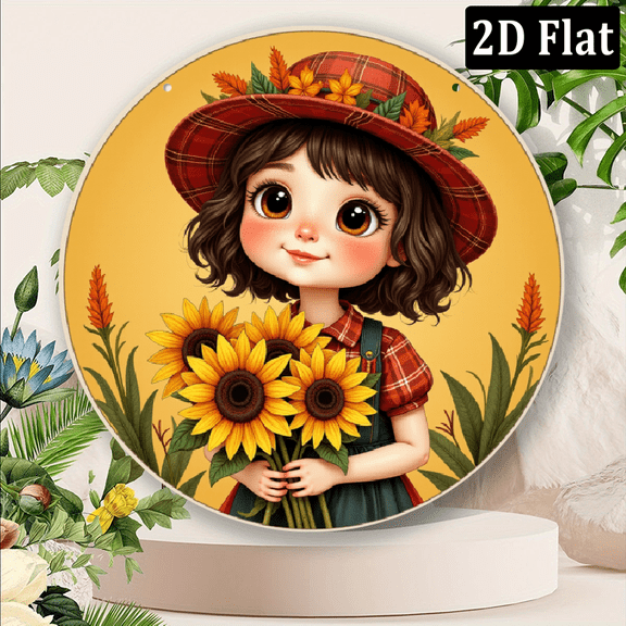 2D Flat, 1pc 8x8inch Aluminum inch HD Printed Scarecrow Clipart Metal Sign - Waterproof Door Hanger, Pre-Drilled Wall Decor with Sunflower and Plaid Design for Wreath Decoration