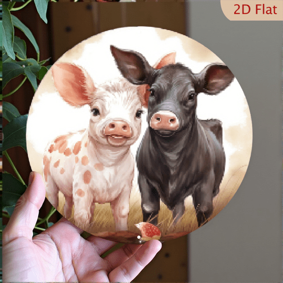 2D Flat, 1pc 8x8inch AluminumRound Metal Sign, Creative Pig Pattern Metal Sign Decor, Home Decor, Wall Decoration